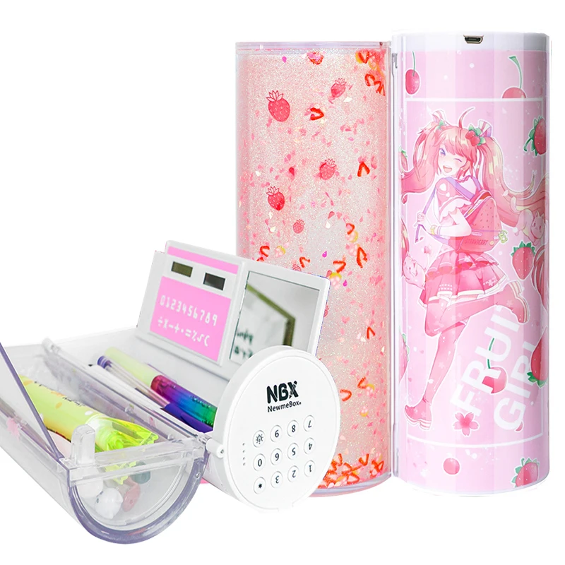 
Newmebox factory products pink quicksand password lock magnetic pencil box multifunctional cartoon plastic pencil case 