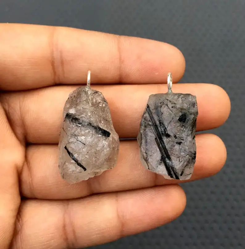 2 Pieces Genuine Quality Natural Black Rutile Untreated Rough Gemstone 92.5 Sterling Silver Charm Pendant Wholesale
