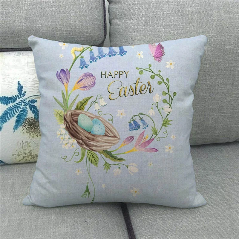 Amazon hot selling easter egg happy bunny linen pillow sofa cushion wholesale