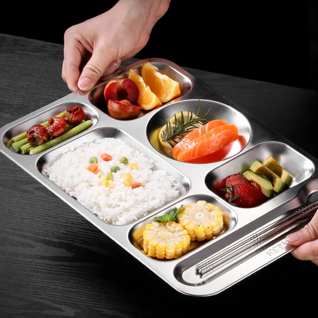 304 Stainless steel rectangle reusable thicken school student company canteen adult food tray 3/4/5/6/7/8 grids dinner plate