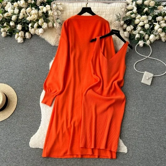Wholesale Casual Womens Dresses 2 Pieces Set Chunky Knitted Maxi Cardigan With V Neck Dress Fashion 2014 Spring