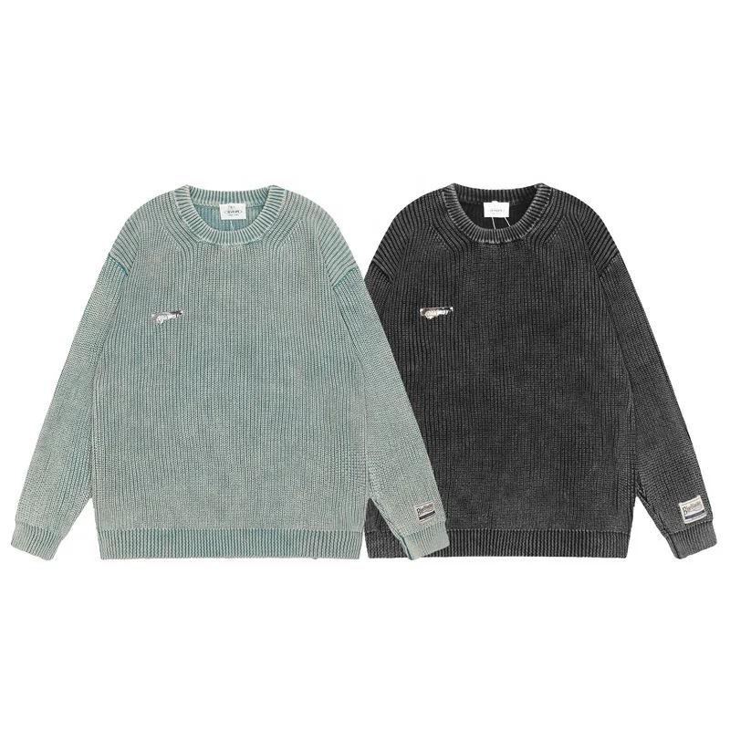 Vintage washed OEM knitting sweaters custom pullover round neck long knit sweatshirt cotton sweaters