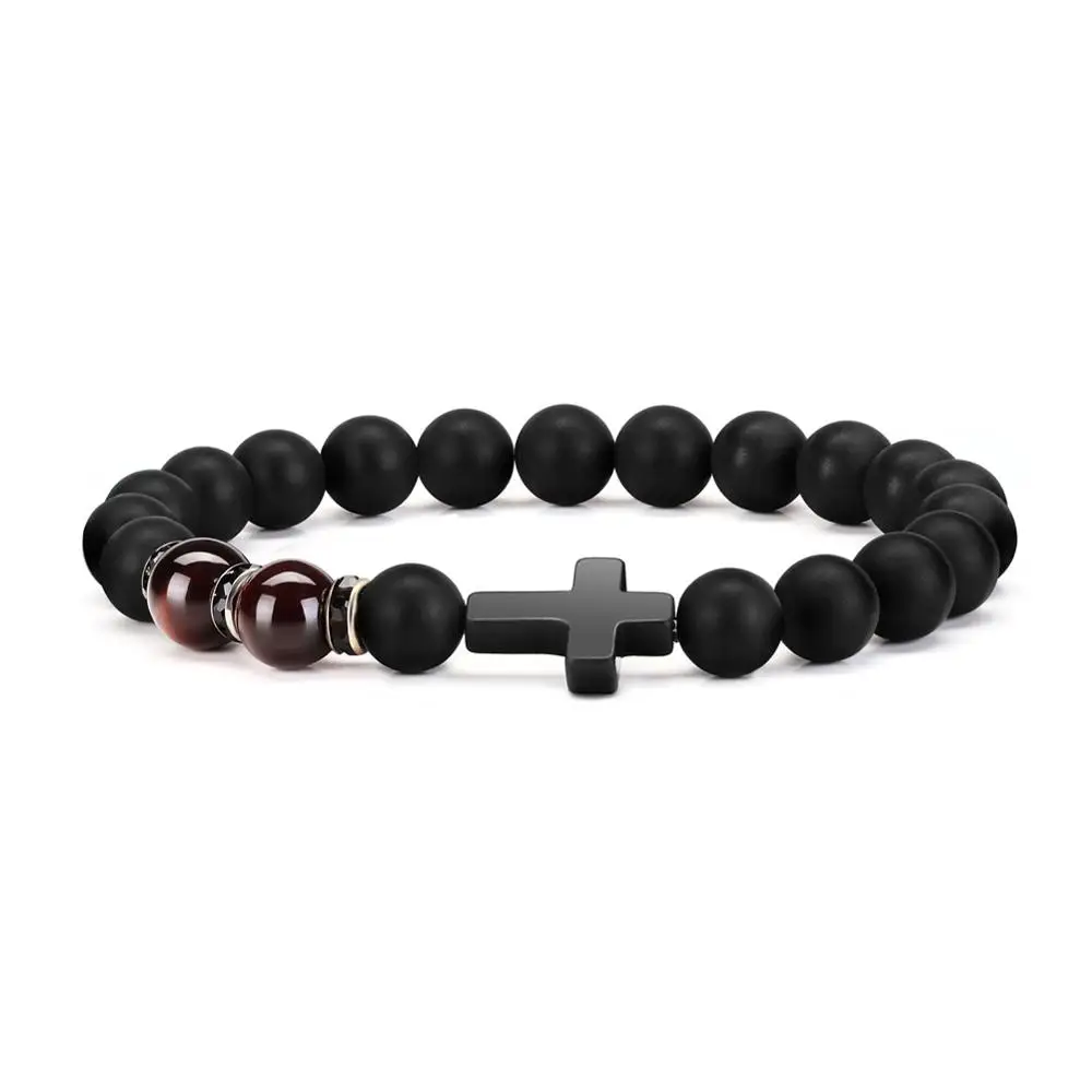 Fashion Men Women Jewelry Black Gemstone Cross High Quality Natural Matte Onyx Colorful Tiger Eye Beads Bracelets