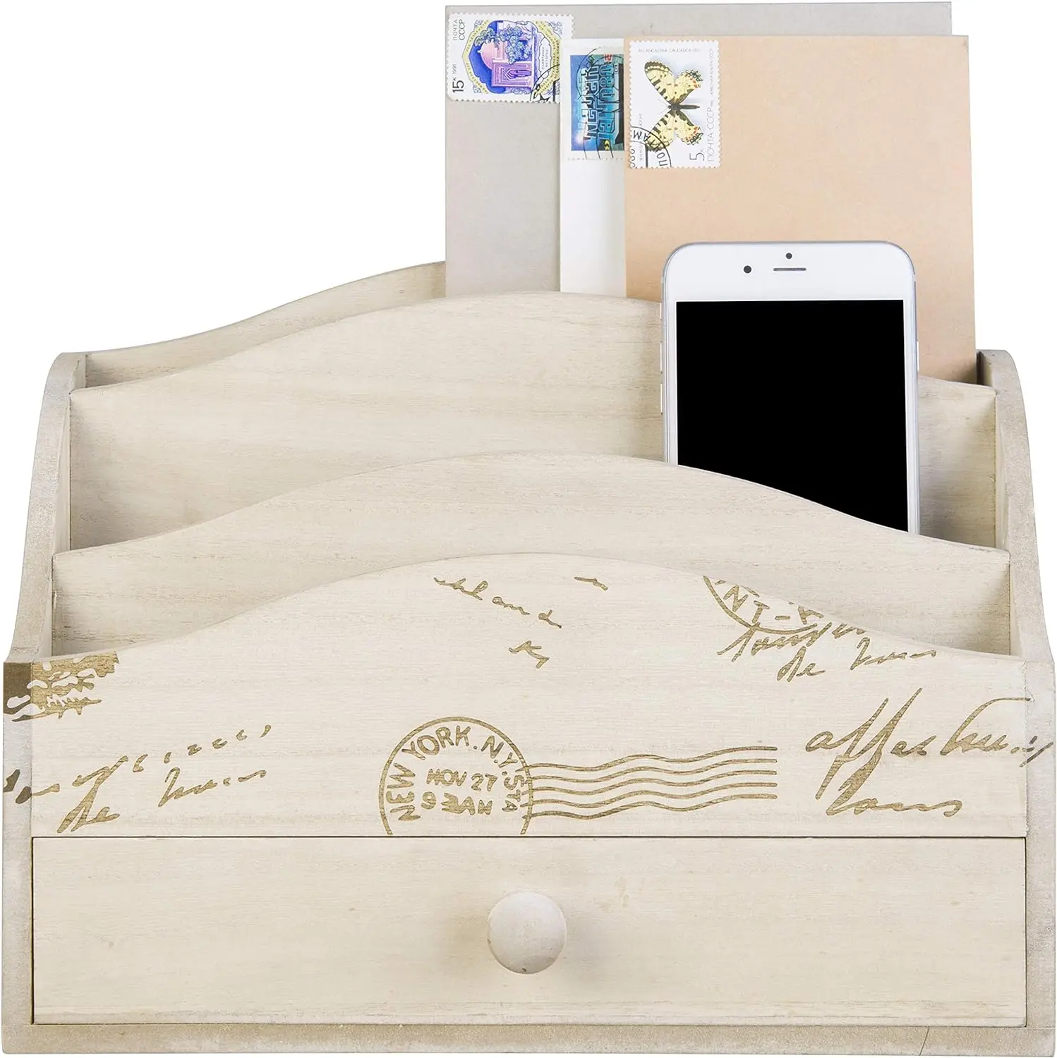 Whitewashed Wood Mail Sorter Holder For Desk  Wooden Rustic Office Desktop Stationery File Organizer