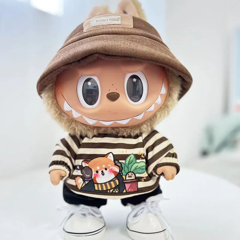 2250 38cm Vinyl Plush Replacement Labubu Doll Striped Animal Shirt Suit Cute Dress Outfit Clothes Only Labubu