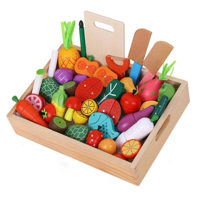 New high-end solid Wood toy magnetic fruit cutting set Wooden vegetable cutting set Magnetic fruit and vegetable cutting set