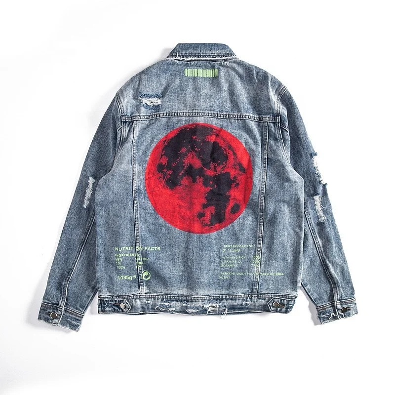 Popular classic design distressed loose Male denim jackets ripped printing mens jeans jacket