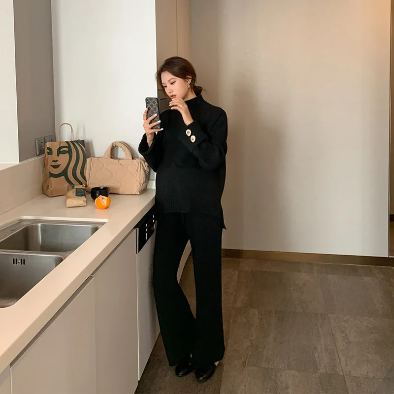 Women OEM Sweater Twin Set Customize Casual Ladies Long Sleeve Knit Pullover And Long Pant Sets Rib Knitted Women Sweater Sets