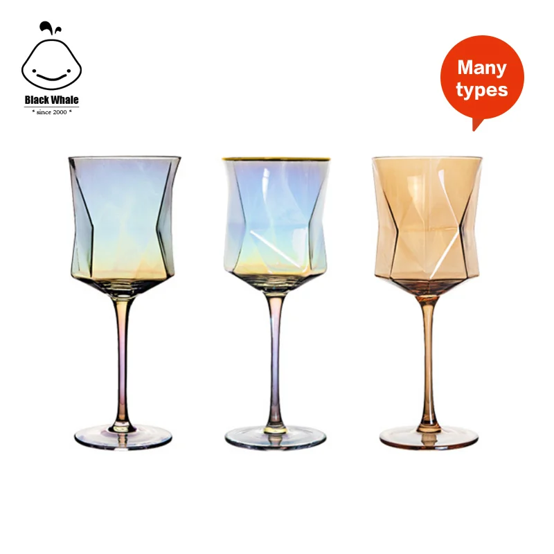 wholesale European Crystal Red Wine Glasses colorful golden side Diamond polygon Lead-Free Crystal Long Stem goblet glasses