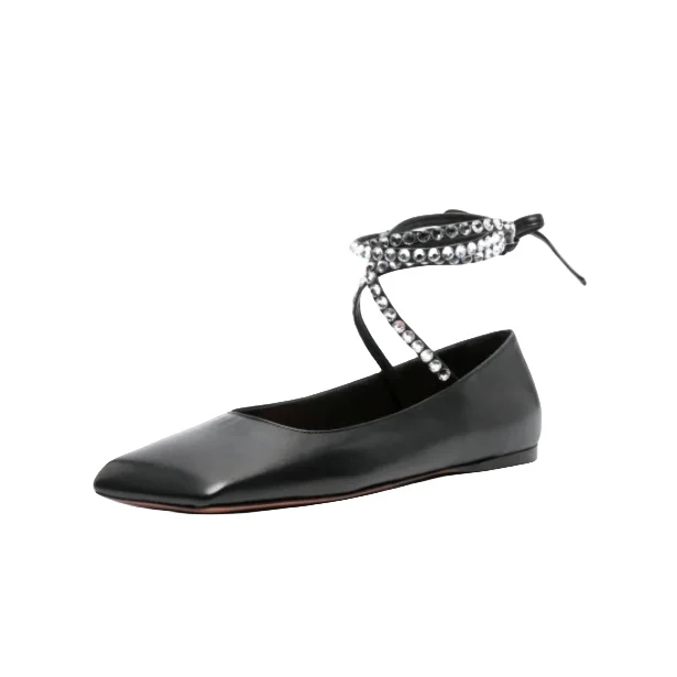 Spring Summer Girls Sparkly Rhinestone Lace Up Shoes Fashion Women Square Toe Comfort White Black Ballet Flats