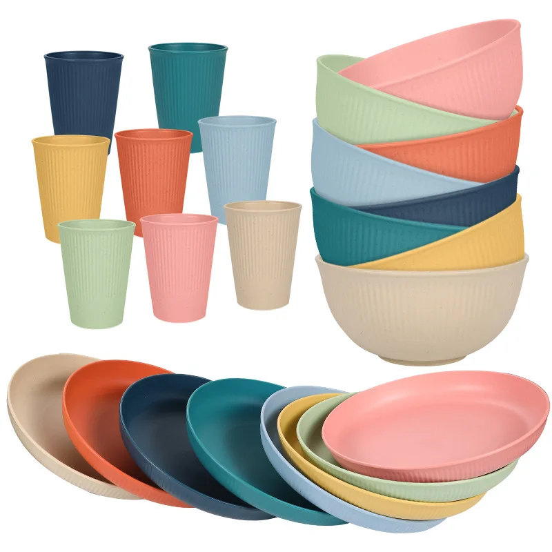 Wheat Straw Dinnerware Sets Unbreakable Reusable Set Kitchen Cups Plates and Bowls Sets Dishwasher Microwave Safe Plates