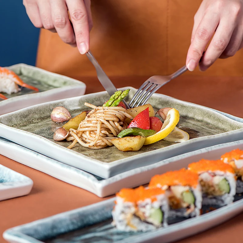 Stocked Feature Ceramic square serving plate for BBQ restaurant sushi plate set Porcelain japanese tableware
