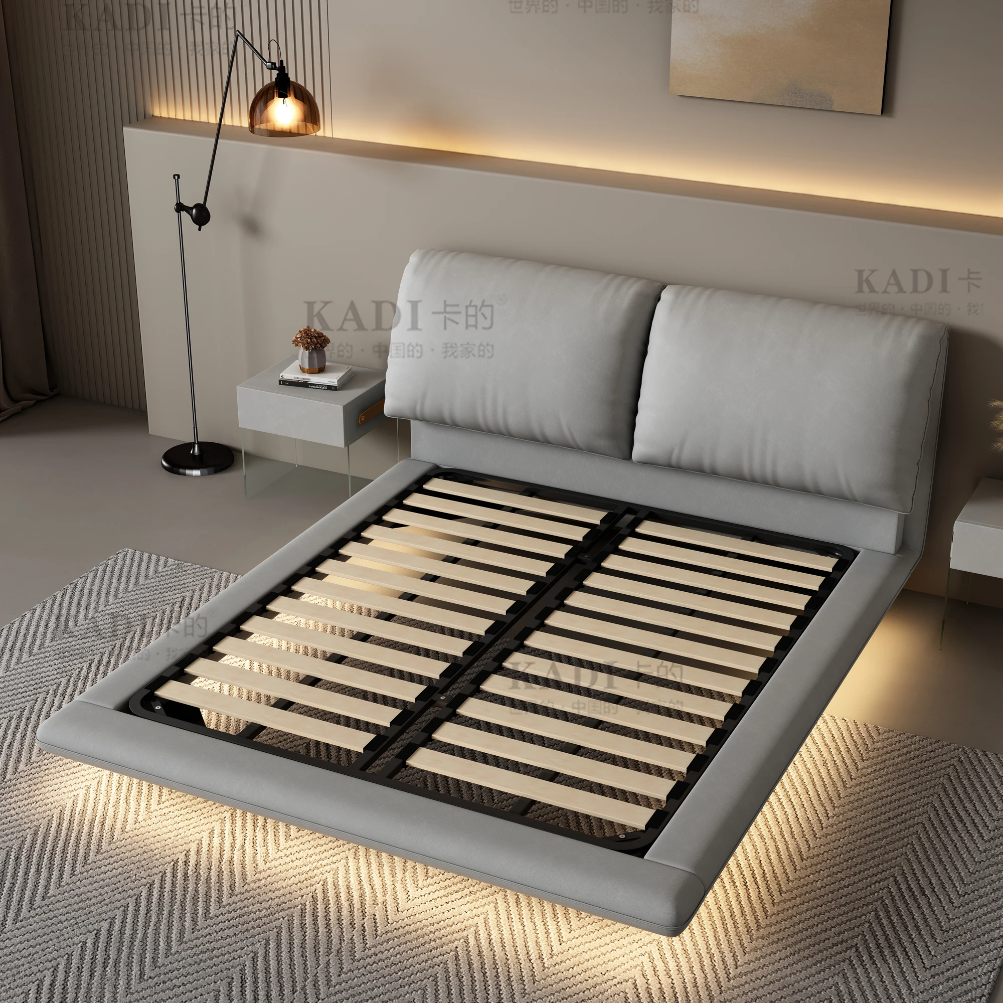Modern Double-Sized Wooden Platform Bed Frame with Leather Upholstery Storage Feature and Lights Queen King Sizes Available