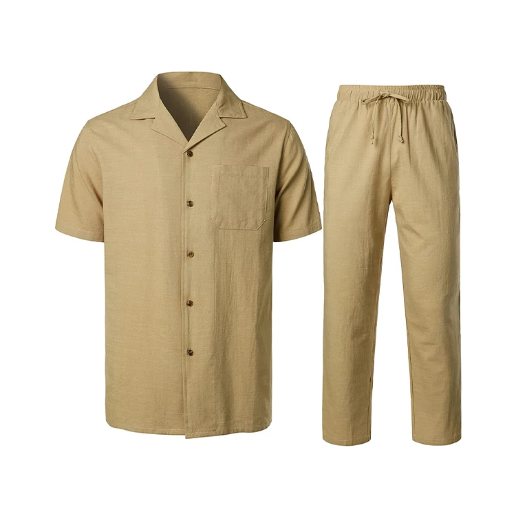 Mens Short Sleeve Shirt 2 Piece Sets Casual Linen Outfits Summer Turn Down Collar Walking Suits for Beach Vacation