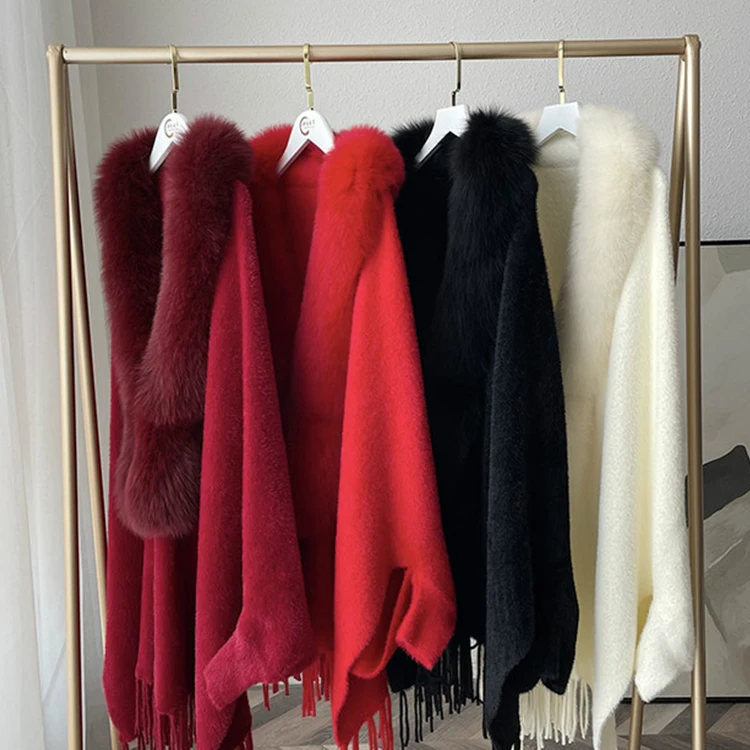 Ladies Faux Mink knitting Fur Shawl Fox Fur Collar Mid-Length Solid Color Tassel Fur Shawl