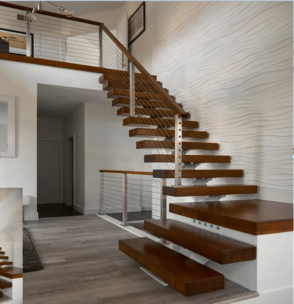 Hot Sell Apartment/Hotel single steel stringer straight floating stairs modern mono stringer wooden staircase