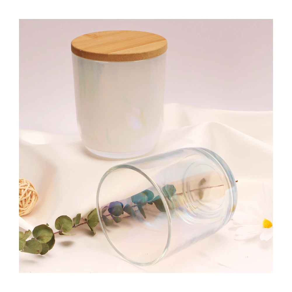 Wholesale 8oz 10oz 12oz Iridescent Extra Large Candle Vessel Clear Glass Candle Jar Luxury With Lid