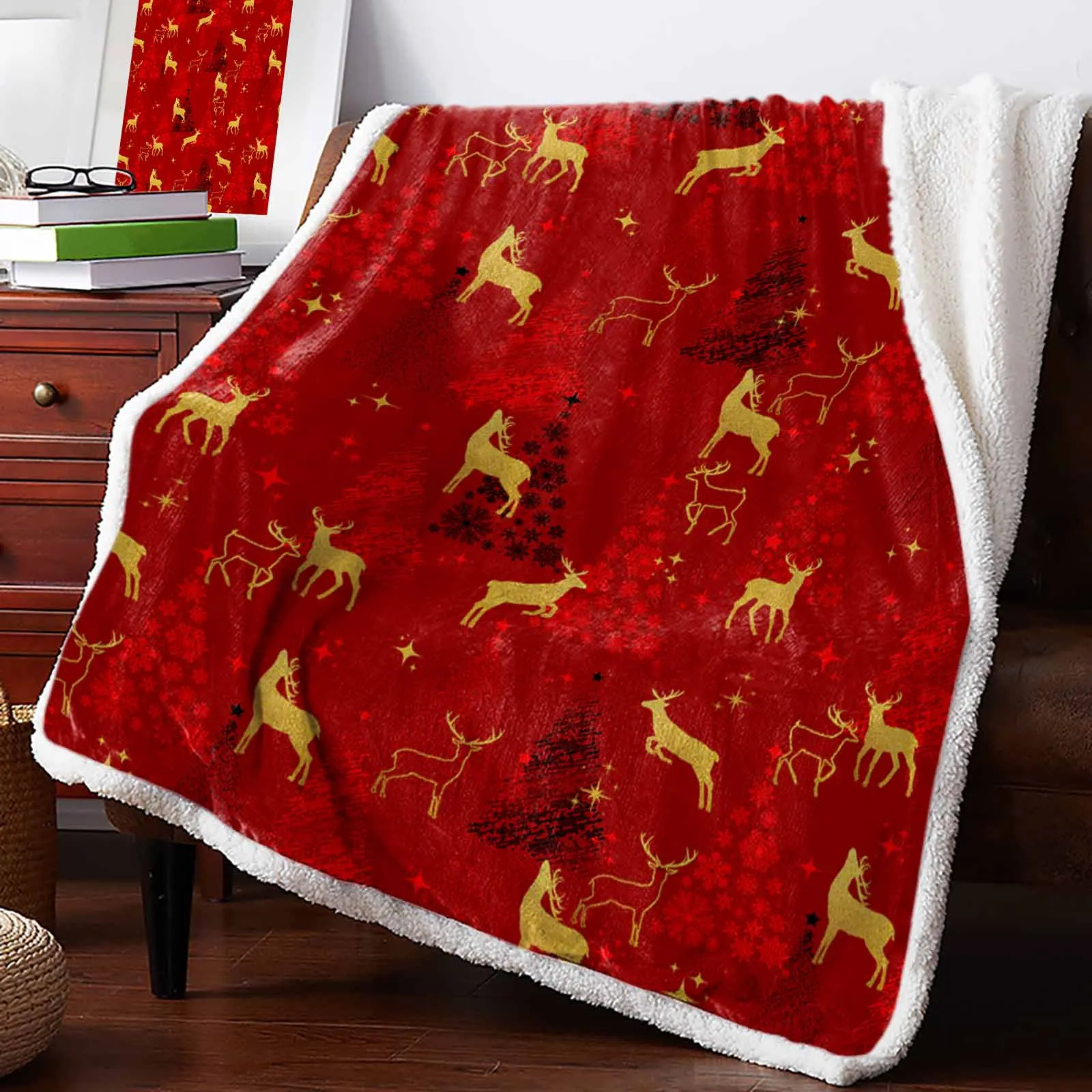 New Year Gift Christmas Elk Deer Design Soft Warm Fleece Blanket Double Layer King Size Flannel Sherpa Blanket For Bed