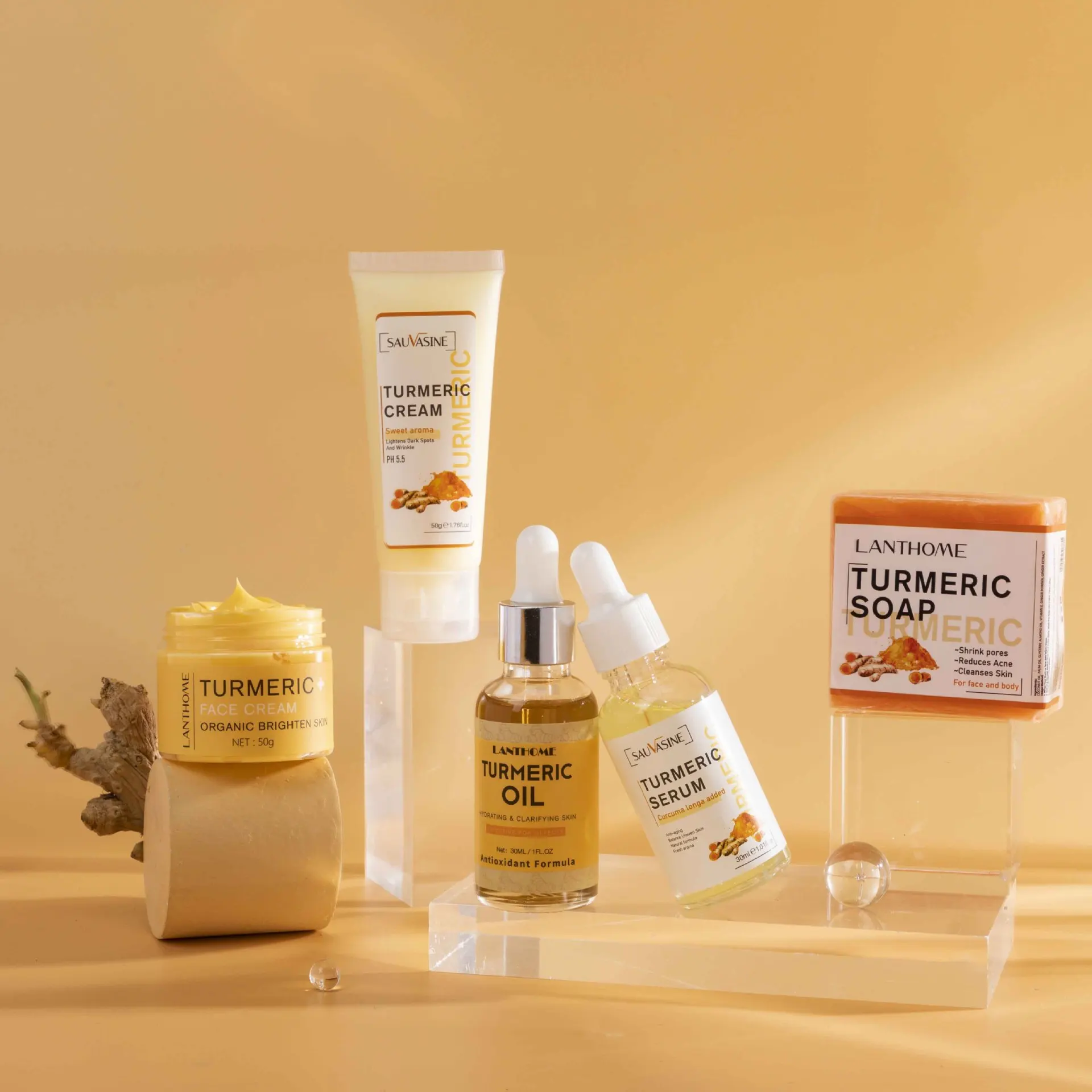Turmeric series skin care 5-piece set  Cream Serum Cleanser Soap cleanser  Facial treatment Refreshing skin