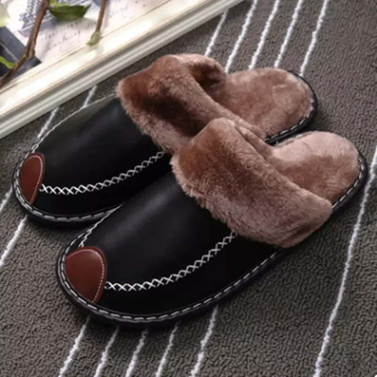 
New leather slippers at home men and women with thick indoor floor non-slip warm winter cotton slippers 
