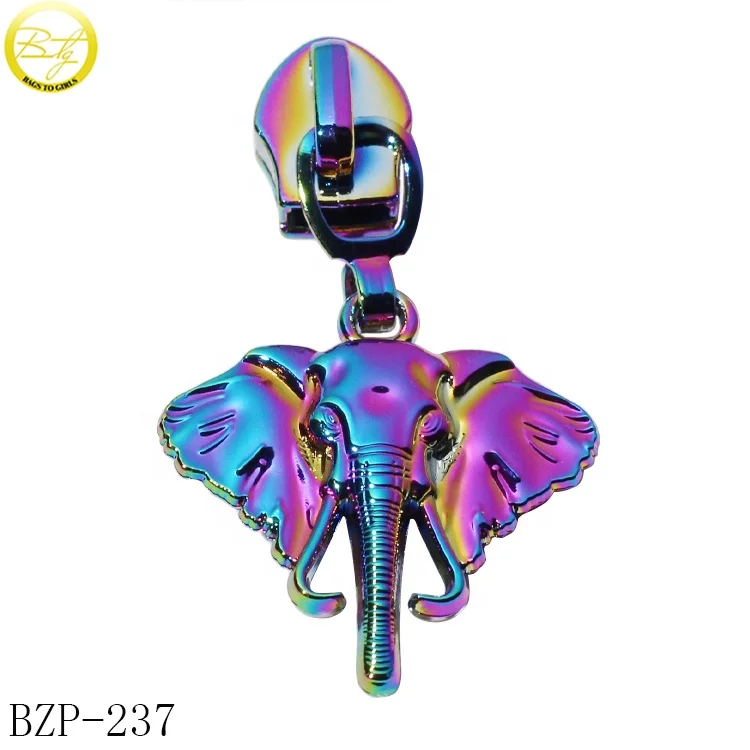 Zipper factory made animal logo embossed locking zipper pulls rainbow plated garment zipper slider tags