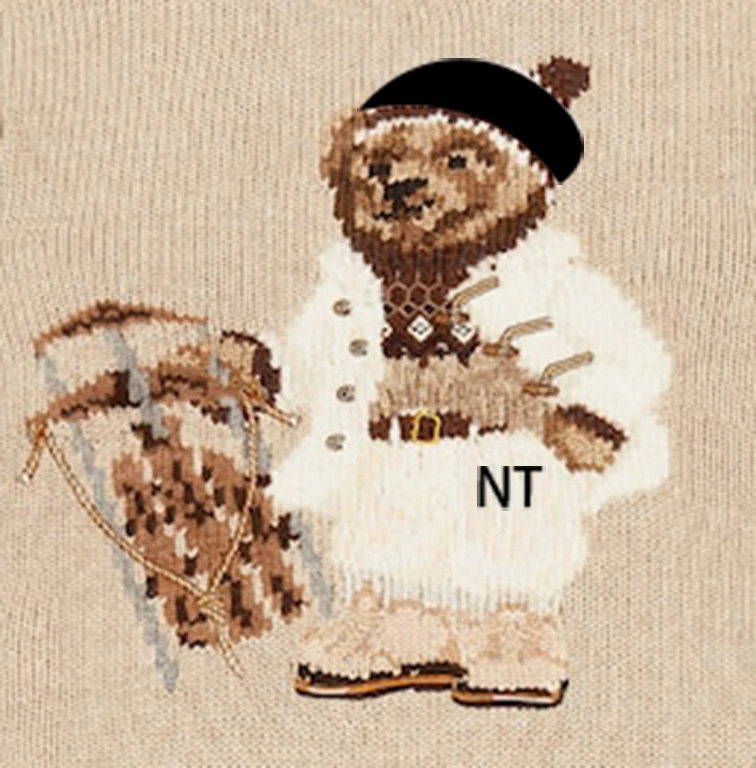 Nanteng Custom New Arrivals 100% Cotton Trendy Loose Bear Jacquard Knitted Pattern Round Neck Long Sleeves Men Pullover Sweater