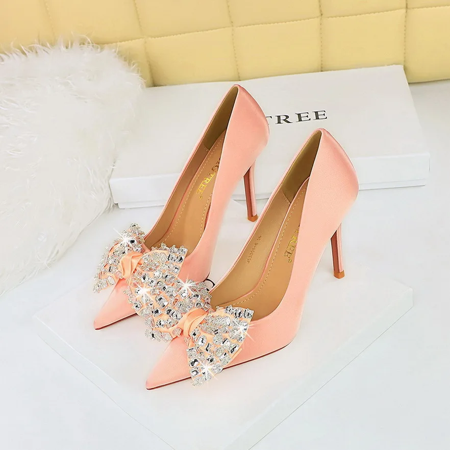 European American Fashion Banquet High Heels Stiletto Shallow Pointy Rhinestone Bowknot Single Shoes for Women