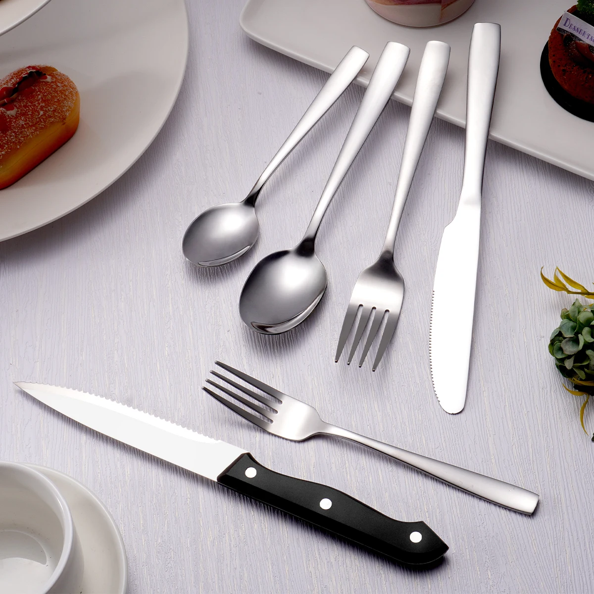 Wholesale Fork Spoon Knife Restaurant Bulk Flatware Wedding Silverware Square Handle Besteck Stainless Steel Cutlery Set Besteks