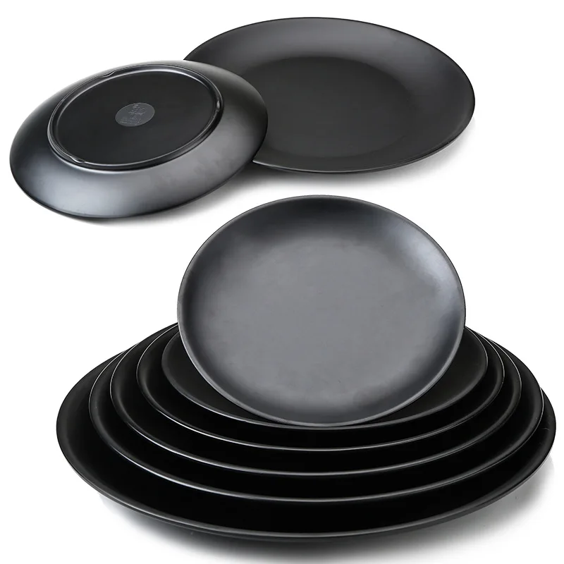 Wholesale Modern 6/7/8/9/10/11/12 inch Black Thick Matte Round Restaurant Melamine Dinner Plates