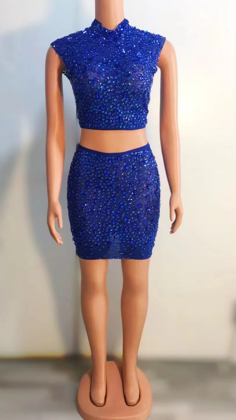 Latest Products Two Piece Set Women Stunning Bling Bling Rhinestones Clothing Glittering Crystals Cute Club Dresses High Neck