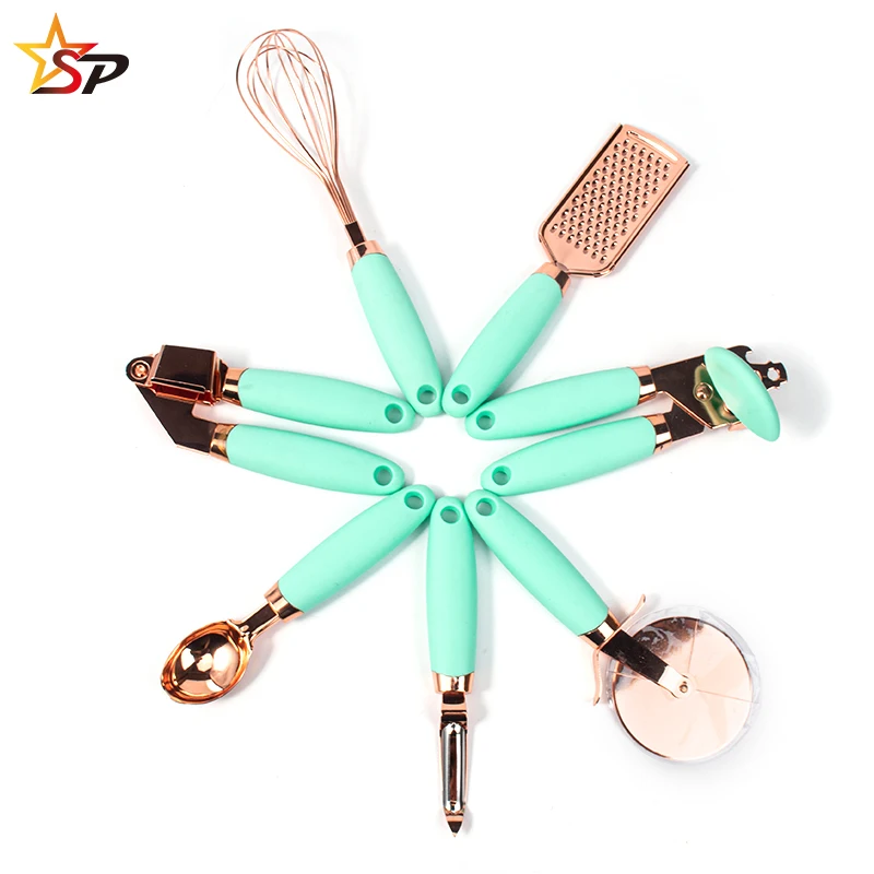 kitchen supplies 7 PCS Plastic Silicone copper coated plated rose gold Kitchen Utensils Sets kitchen gadget set