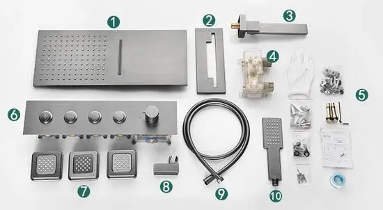 Large Flow Gun Gray Brushed Gold Rainfall Waterfall Shower Head 5 Way Thermostatic Shower System Shower Faucet Set with Body Jet