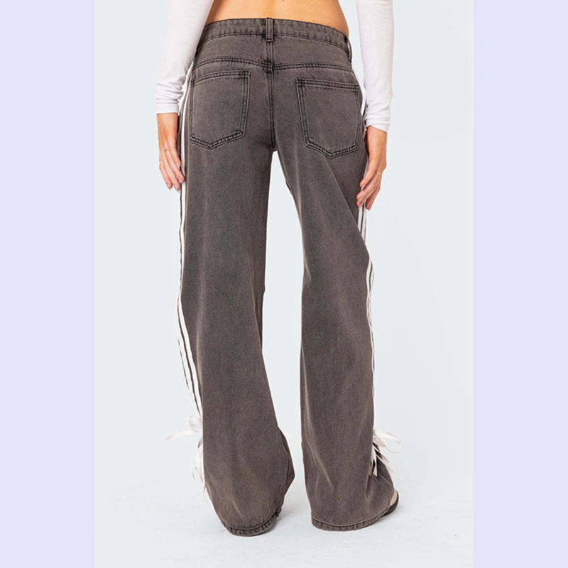 Channel Streetwear Y2K Girl Boyfriend Jeans For Ladies Stripe Side Bow Flared Straight Leg Denim Jeans 2024
