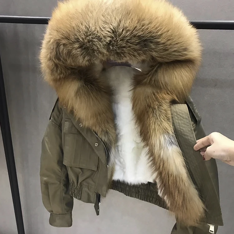 New Style Army Green Women Cropped Fur Parka Jacket with Red Fox Fur Trim Winter Ladies Fur Coat Parka