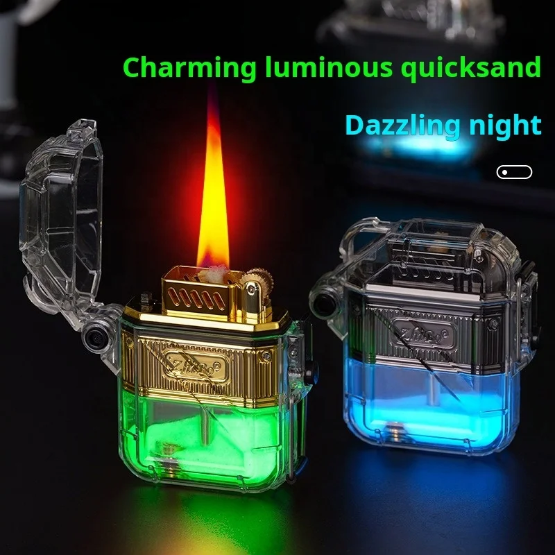 Wholesale Outdoor Waterproof Luminous Lighter Refill Transparent Case Refillable Oil Kerosene Lighter
