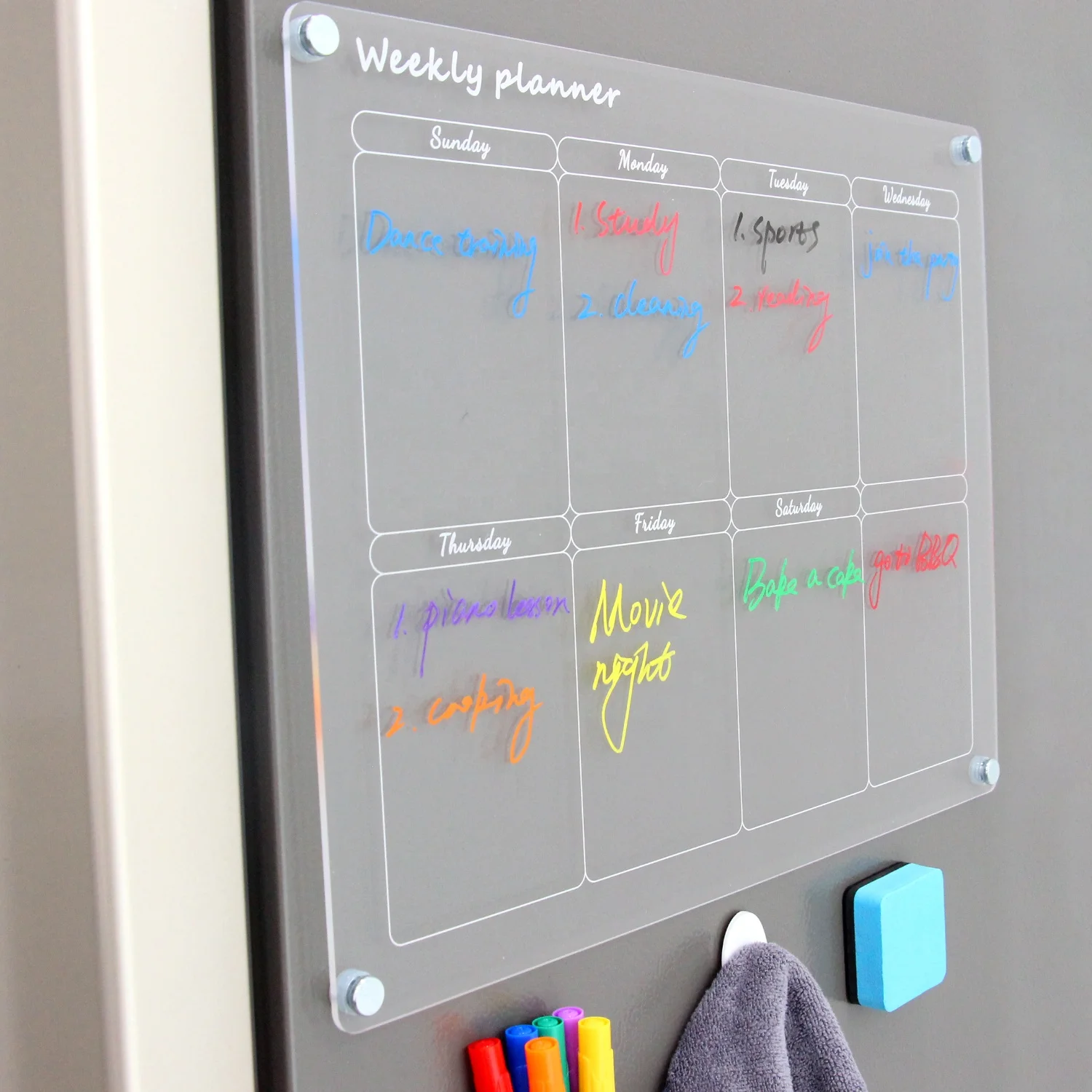 2024 monthly weekly calendar fridge magnet customize design acrylic magnet with eraser and pen