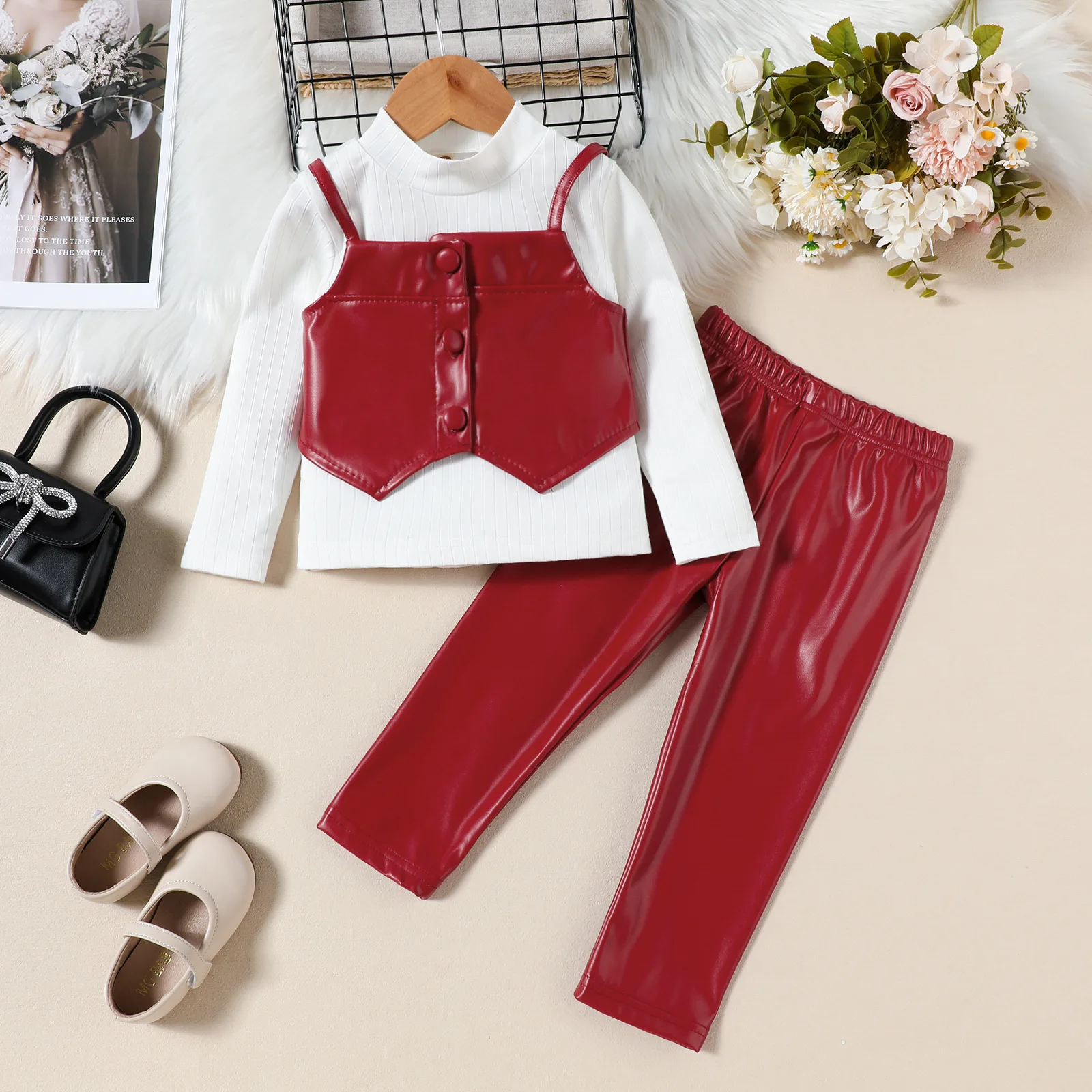 Fall New Slim PU Leather Pants Girl Clothes White Shirt PU Small Vest Kids Clothing 3-Piece Leisure Clothing Sets