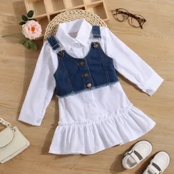 Top Leader White Blouse Dress + Denim Outfit Bandage Vest Two Piece Kids Suits for Girl 2022 Spring Children Set Girls Clothes