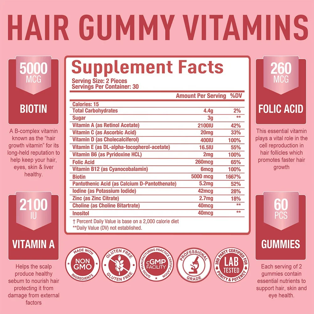 
OEM/ODM Private Label Hair Skin And Nails Growth Vitamins Vegan Gummy Bears 