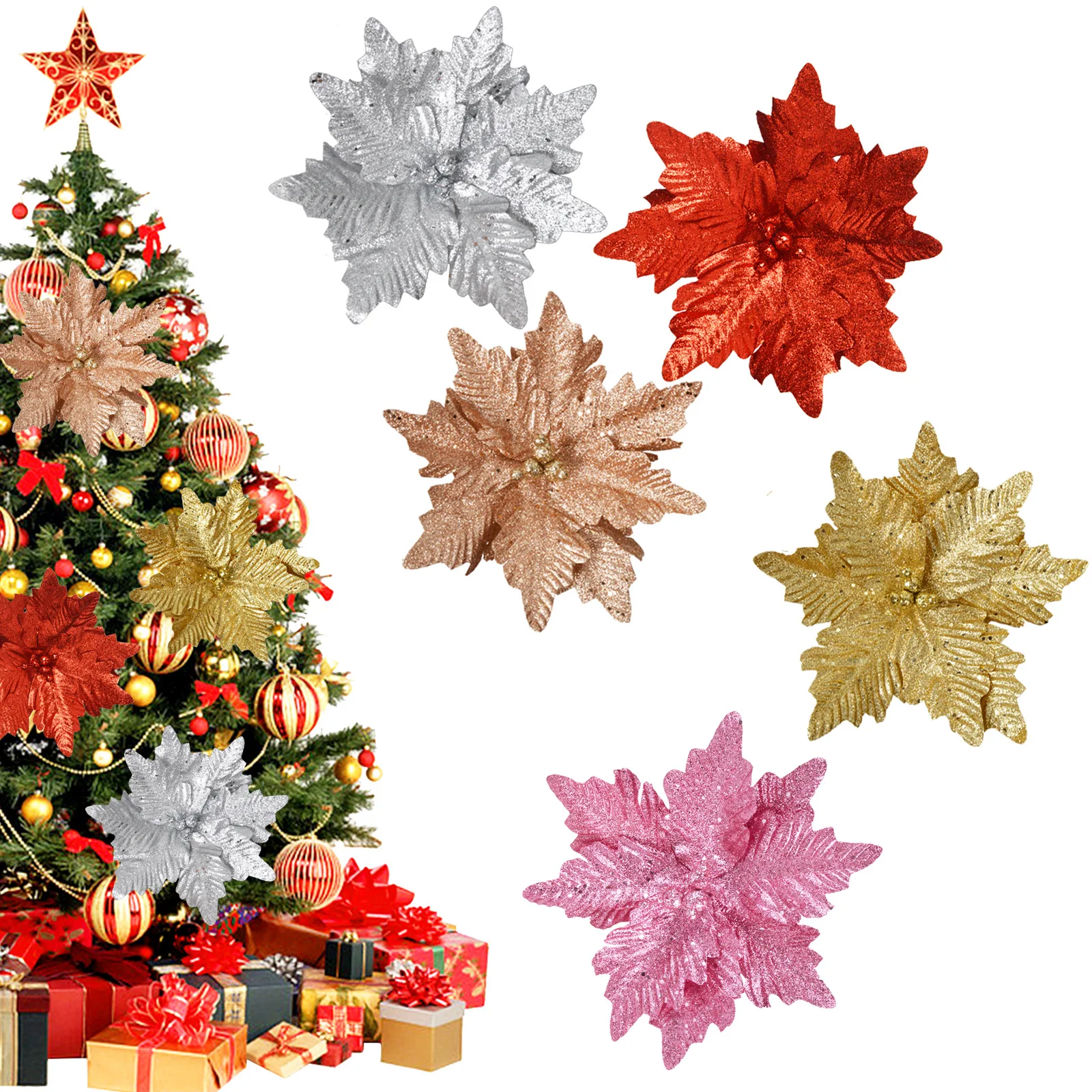 FS-01 Hot Sale Diy Christmas Tree Decor Plastic Simulation Multicolor Artificial Christmas Flower for Holiday Party Decoration
