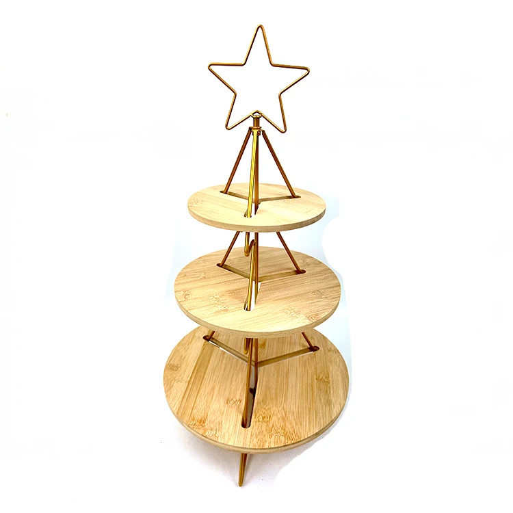 Light Luxury Premium powder coated Gold 3 Tier Cupcake Stand Christmas Tree Shape Cake Stand Snack Stand with Bamboo Tray