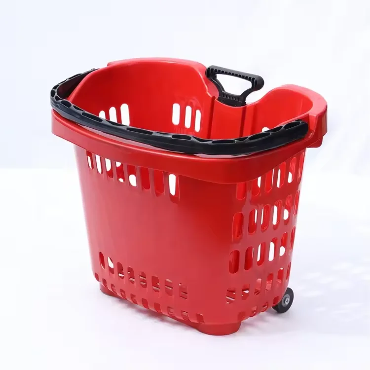 Large Capacity Plastic Rolling Shopping Basket Supermarket Basket Cart with 2 Wheels