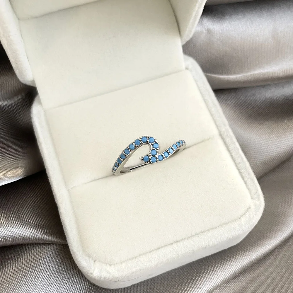 2024 Foxi Charming New styles waves Blue Color Turquoise Stone Female 925 Sterling Silver Ring Resizable finger Rings For Men