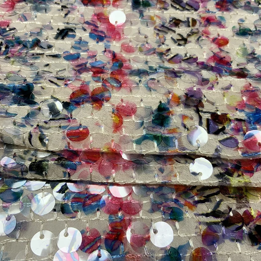 Shaoxing textile factory price 3D printed sequin embroidery chiffon fabric with sequins