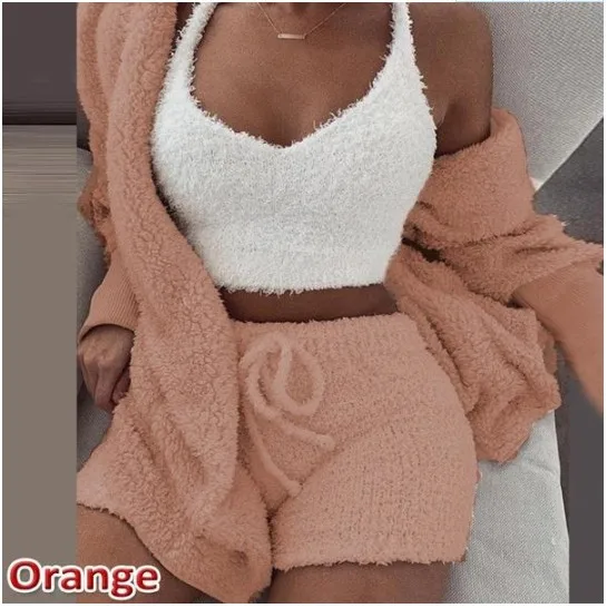 Fashion Women Spring Pajamas Women Sleepwear Sets Solid Plush Hooded Robe + Vest + Shorts 3pcs Nighty Sexy Pajama