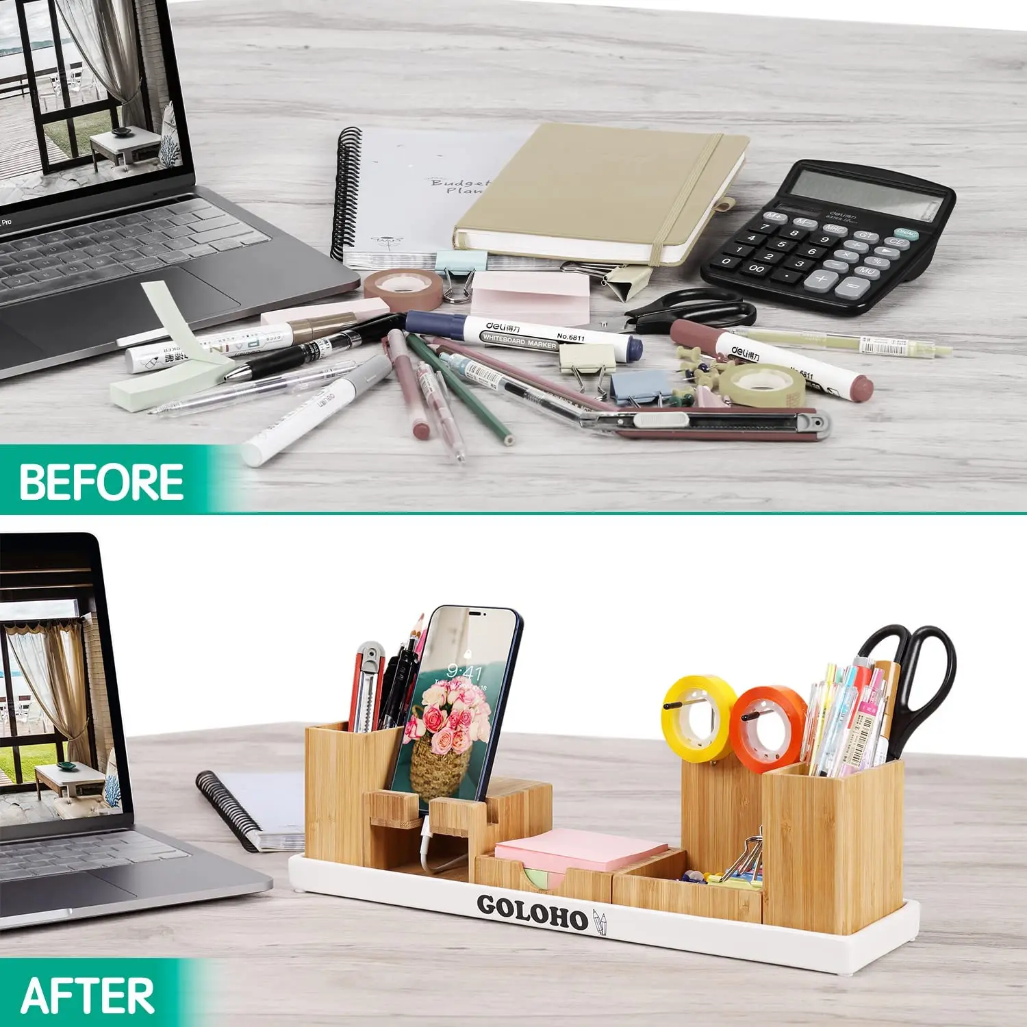 Multifunctional Bamboo Office Organizer Pen Holder Wood Desk Accessories Organizer For Keyboard Hider