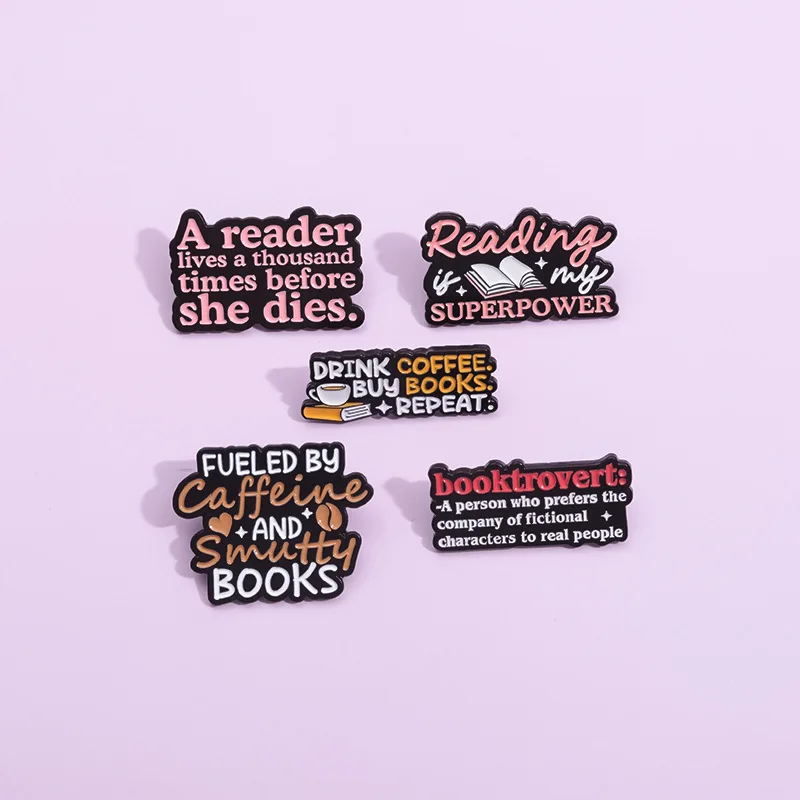 Cartoon Colorful Reading books superpower coffee letter soft enamel lapel pin For reader gift