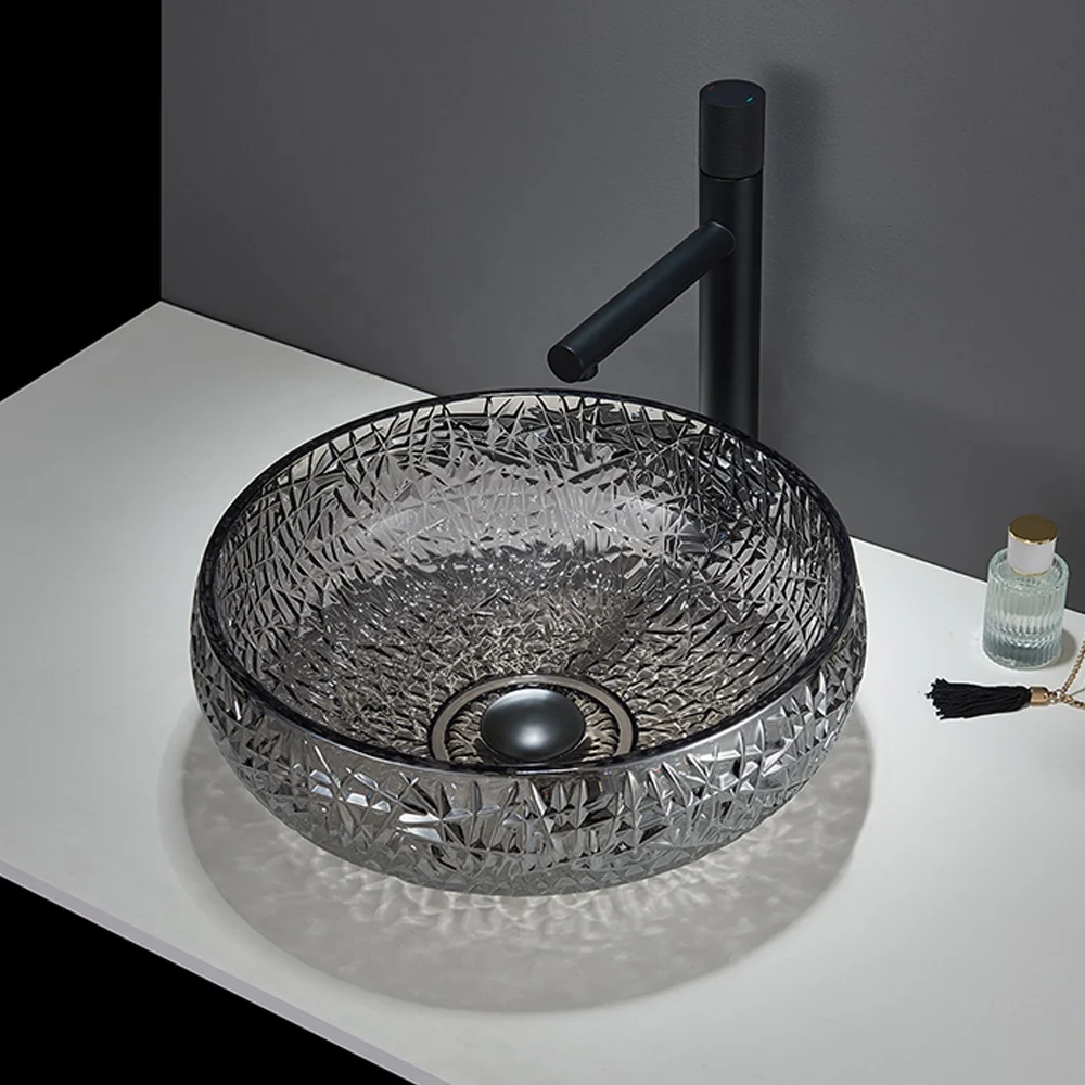 Pate Crystal Glass Wash Basin Sanitary Wares Modern Pedestal Basin For Bathroom