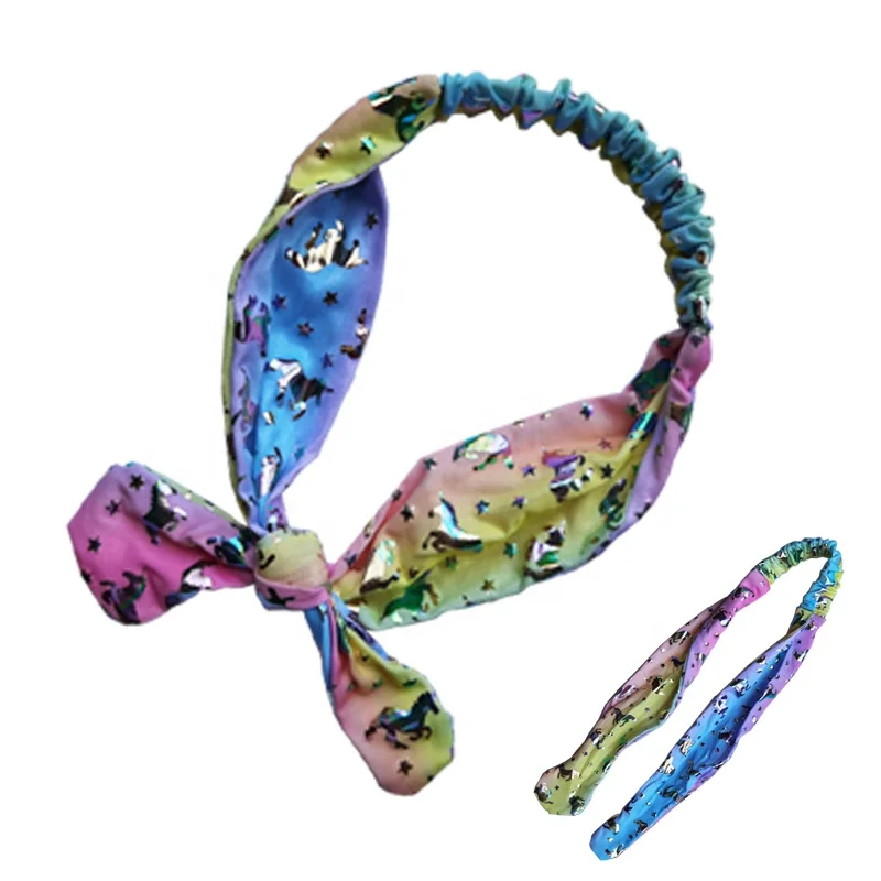 Custom Adjustable Knotted Hairbands Shinny Rainbow Glitter Unicorn Printed Kids Headwrap with Bunny Ear Baby Girls Soft Headband