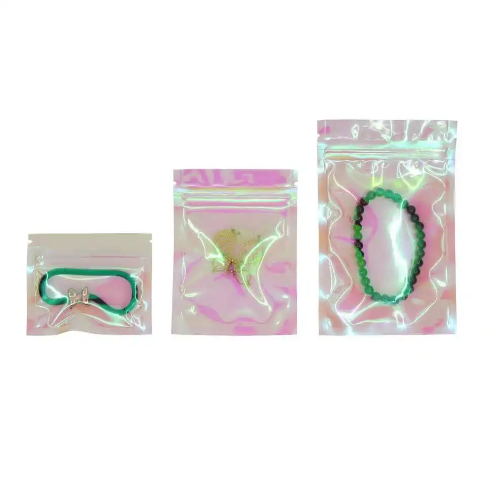 100 Pcs Iridescent Zip lock Bags Pouches Cosmetic Plastic Laser Bags Holographic Makeup Hologram Zipper Bags for Food Storage